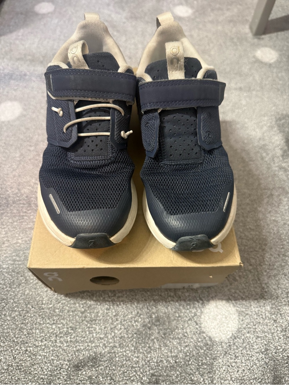 On Running Kids Navy and Cream Velcro Athletic Sneakers